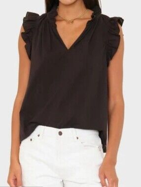 Xirena Black Silk Bex Blouse Top M V Neck Ruffle Short Sleeves Cottagecore